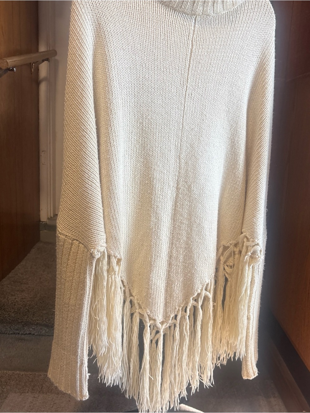 Newport News Cream Fringe Knit Poncho Sweater